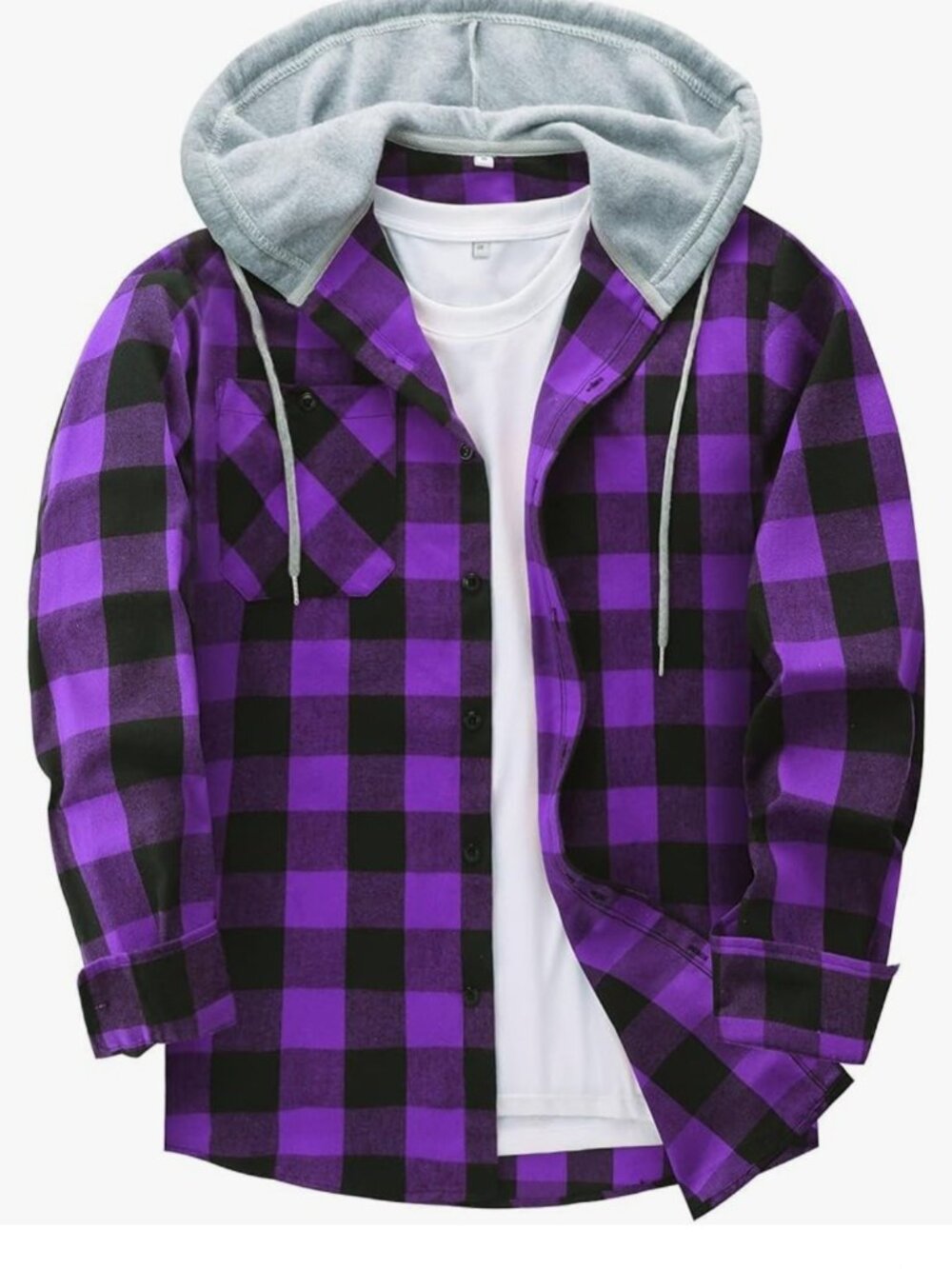 Men's Autumn Casual Plaid Color Block Drawstring Hooded Shirt Purple Size L NEW